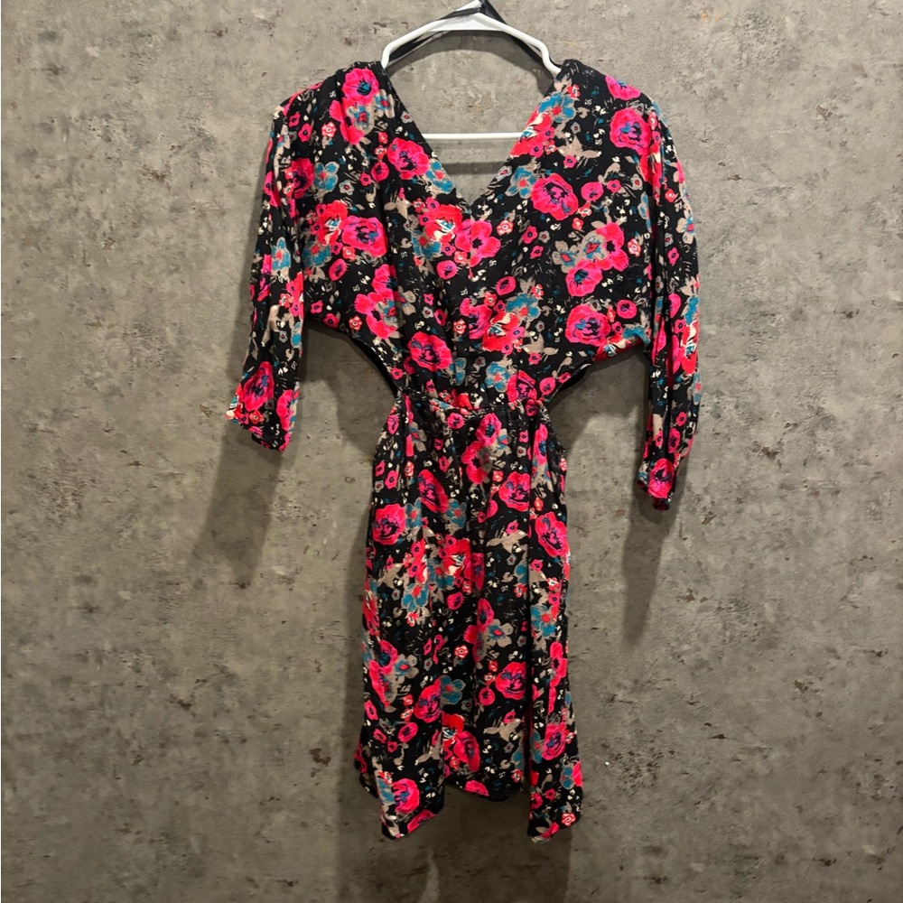 Floral Wrap Dress with Pink and Blue Accents (cutout on the abs)